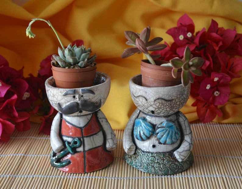 Coppia vasi porta piante in ceramica raku sirena e marinaio