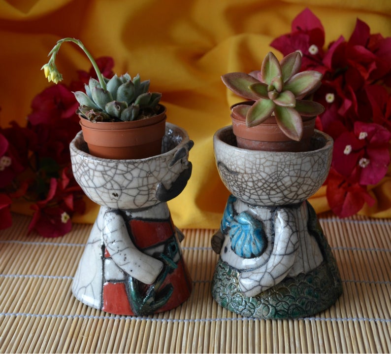 Coppia2 vasi porta piante in ceramica raku sirena e marinaio