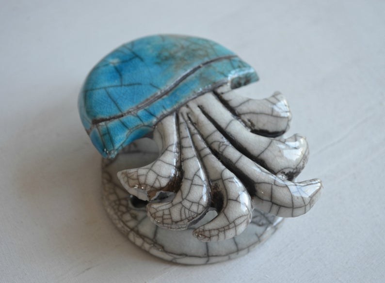 Gancio Medusa 1 gancio appendiabiti in ceramica raku medusa azzurro