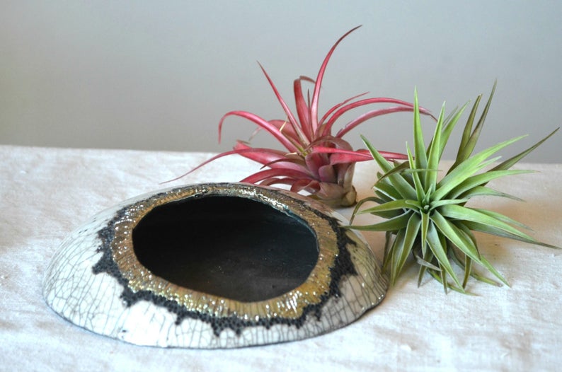 Vaso Vaso porta piante in ceramica raku bianco e oro